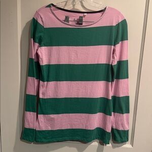 BODEN Bea Long Sleeve Tshirt Top Size 2 Pink Green Wide Stripe Cotton